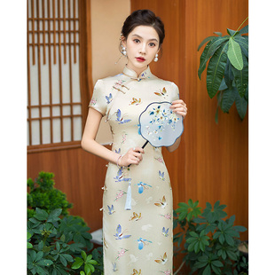 夏季长款真丝旗袍桑蚕丝高端手工，气质年轻款，少女改良式中国风礼服