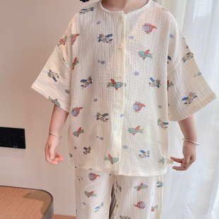 韩国儿童夏季五分袖长裤家居服，套装纱布棉男童短袖睡衣女童空调服