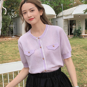 knitco紫色法式小香风金属扣口袋短袖针织开衫薄防晒外套空调衫女