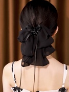 高级韩版气质布艺发夹黑色，百搭后脑勺甜美发夹，飘带雪纺纱马尾抓夹