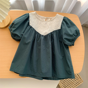 24夏季女童纯棉森系短袖娃娃衫宝宝复古墨绿色洋气泡泡袖上衣