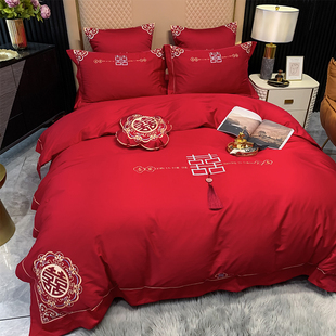 新中式婚庆床品60支长绒棉，大红色双喜刺绣，结婚被套床单四件套纯棉