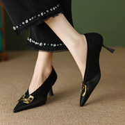 大码女鞋41—43法式复古高跟v口单鞋真皮，细跟气质小众设计奶奶鞋