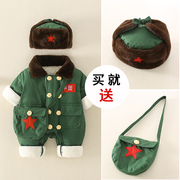 婴儿冬装连体衣东北军绿色大衣三件套拜年服宝宝满月棉袄外出抱衣
