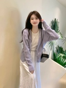2024春季紫色镂空毛衣开衫套装，女设计感白色拼接连衣裙两件套