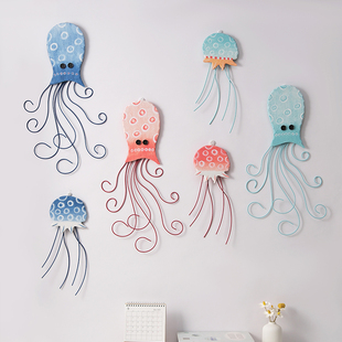 地中海风墙面装饰品儿童房创意铁艺壁饰墙上挂件章鱼水母立体墙饰