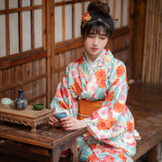 日式和风改良和服浴衣绿色复古繁花图案文艺复古和服少女连衣裙CO