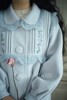 兰奕屋语原创设计蓝色钩花娃娃领手绣，羊毛大衣灯笼袖塔克褶伞型