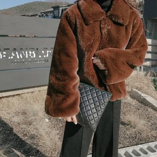 2023秋冬韩版女夹克ins上衣，外套仿兔毛皮草，短款方领加厚长袖