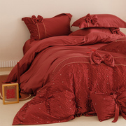 简约婚庆床品四件套全棉立体蝴蝶结，绣花红色结婚被套床单床上用品