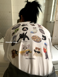 lonslan发射猫咪biu~高品质，水印夏季后背猫咪，图案短袖t恤女