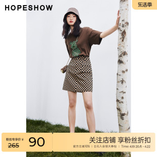 红袖outlets张嘉倪同款短裙hopeshow2023秋季女装棋盘格A字裙