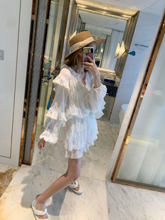 智研韩国款唯美浪漫的小仙女套装白色，长袖蕾丝边连衣裙2件套