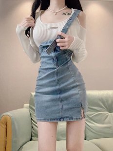 韩系复古纯欲风性感高腰牛仔，半身裙女修身显瘦背带设计感包臀短裙