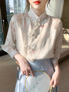 新中式国风衬衫女夏季2024七分袖改良盘扣，碎花雪纺灯笼袖上衣