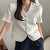 韩国chic夏季简约气质V领重工金属单排扣撞色设计感短袖短外套女