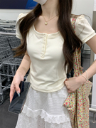 suseyiku 夏季韩版方领纽扣泡泡袖设计感纯棉短袖T恤上衣