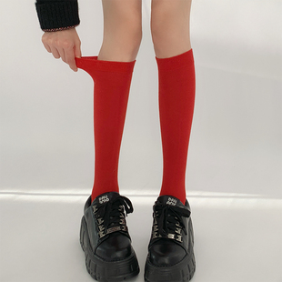 夜间教习室红色袜子女本命年秋冬显瘦及膝小腿袜圣诞袜长筒新年袜