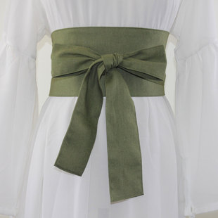 军绿色汉服束腰和风和服腰带棉麻中式纯色宽腰封连衣裙蝴蝶结腰带