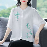 新中式国风白色棉麻短袖衬衫，女夏季中年妈妈大码胖mm高端亚麻上衣