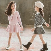韩国女童两件套秋中大童韩版格子毛衣裙洋气时髦针织裙套装