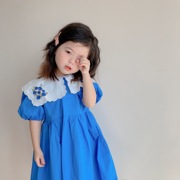 女童连衣裙2022夏季韩版童装，女宝宝绣花翻领蓝色，短袖公主女孩裙子