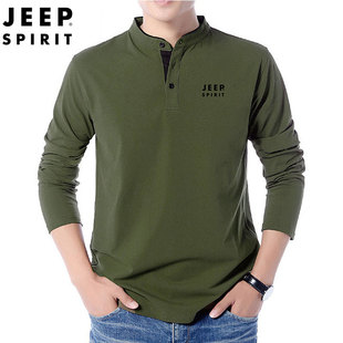 jeep吉普春秋季v领长袖，t恤打底衫，男生纯棉宽松品牌中青年休闲上衣