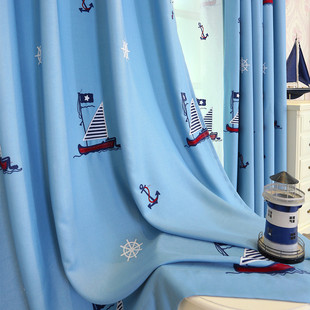 定制地中海蓝色帆船卡通窗帘，棉麻刺绣花纱成品，加厚遮光布料儿童房