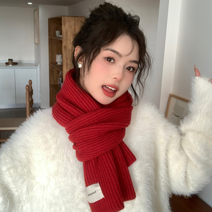 新年红色围巾女冬季2023韩版高级感圣诞节保暖加厚毛线围脖潮