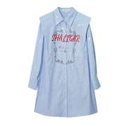 s1287显白蓝色条纹字母，趣味条纹衬衫连衣裙长袖，直筒原创设计春季