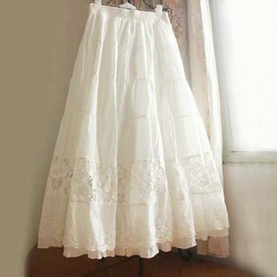 2024春夏季韩版森女森林系，棉布蕾丝刺绣，镂空荷叶边白色半身裙长裙