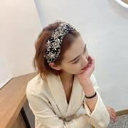 韩版刺绣网纱珍珠花朵发箍宽边气质甜美头箍宽边珍珠发带防滑发窟