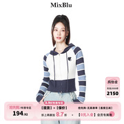 Mixblu蓝色连帽针织开衫女秋季2023韩版时尚修身显瘦别致上衣