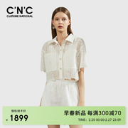 CNC女装白色蕾丝上衣polo领镂空短袖2024春夏休闲不规则下摆外套