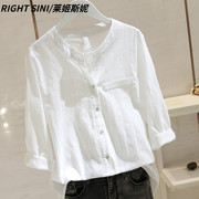 白色立领衬衫女中袖2024夏季韩版宽松显瘦条纹设计感小众上衣