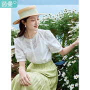 茵曼法式镂空白色衬衫女士2023年夏季圆领灯笼袖纯棉衬衣上衣