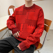 大红色毛衣男个性几何提花针织衫潮牌圆领秋季加厚款保暖打底线衫