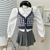 韩系温柔学院风设计感秋季长袖衬衫菱格针织吊带背心两件套女