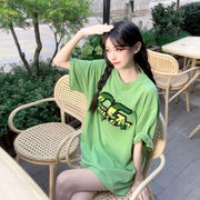 国潮牌美式复古短袖纯棉上衣，ins荧光绿t恤女夏季别致显白半袖
