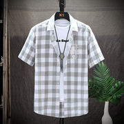夏季黑白格子衬衫男短袖，韩版潮流帅气寸衣外套，工装衬衣纯棉格子衫