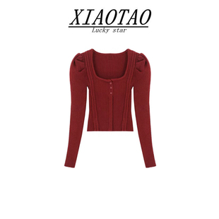 法式泡泡袖红色毛衣，开衫女春秋修身显瘦短款独特别致针织上衣