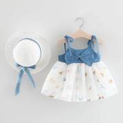 女童牛仔纱裙拼接连衣裙，0一1岁婴儿裙，子女宝宝衣服夏款网纱吊带裙