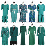 春夏装复古古着vintage浅色，绿色纯色宫廷风图案百褶长款连衣裙