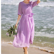 夏季女士连衣裙长裙系带，收腰浅紫色刺绣，高端苎麻中长款文艺复古