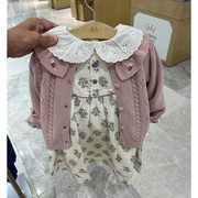 韩国童装23冬款女宝甜美粉色荷叶，领可爱针织开衫洋气毛衣外套n7