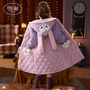 雪俐女童睡袍儿童睡衣三层夹棉秋冬季加厚款珊瑚绒童装家居服长版