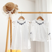 法式设计夏季中大女童纯白色刺绣A字型娃娃裙立领飞袖连衣裙