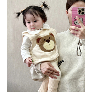 ins韩版秋冬装婴儿，可爱卡通加绒马甲背心上衣，男女宝宝洋气三件套