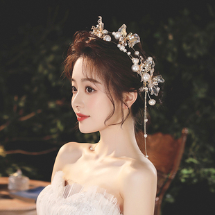 韩式造液花蝴蝶造型双层珍珠发箍新娘婚纱甜美跟妆头饰超仙可姗