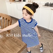 rm原创设计夏女童(夏女童)宝宝，纯棉海军风蓝色，条纹宽松连衣裙t恤裙